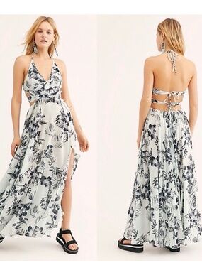 Free People Sz S Lille Tropical Floral Maxi Dress Halter Neck Open Back Slits
